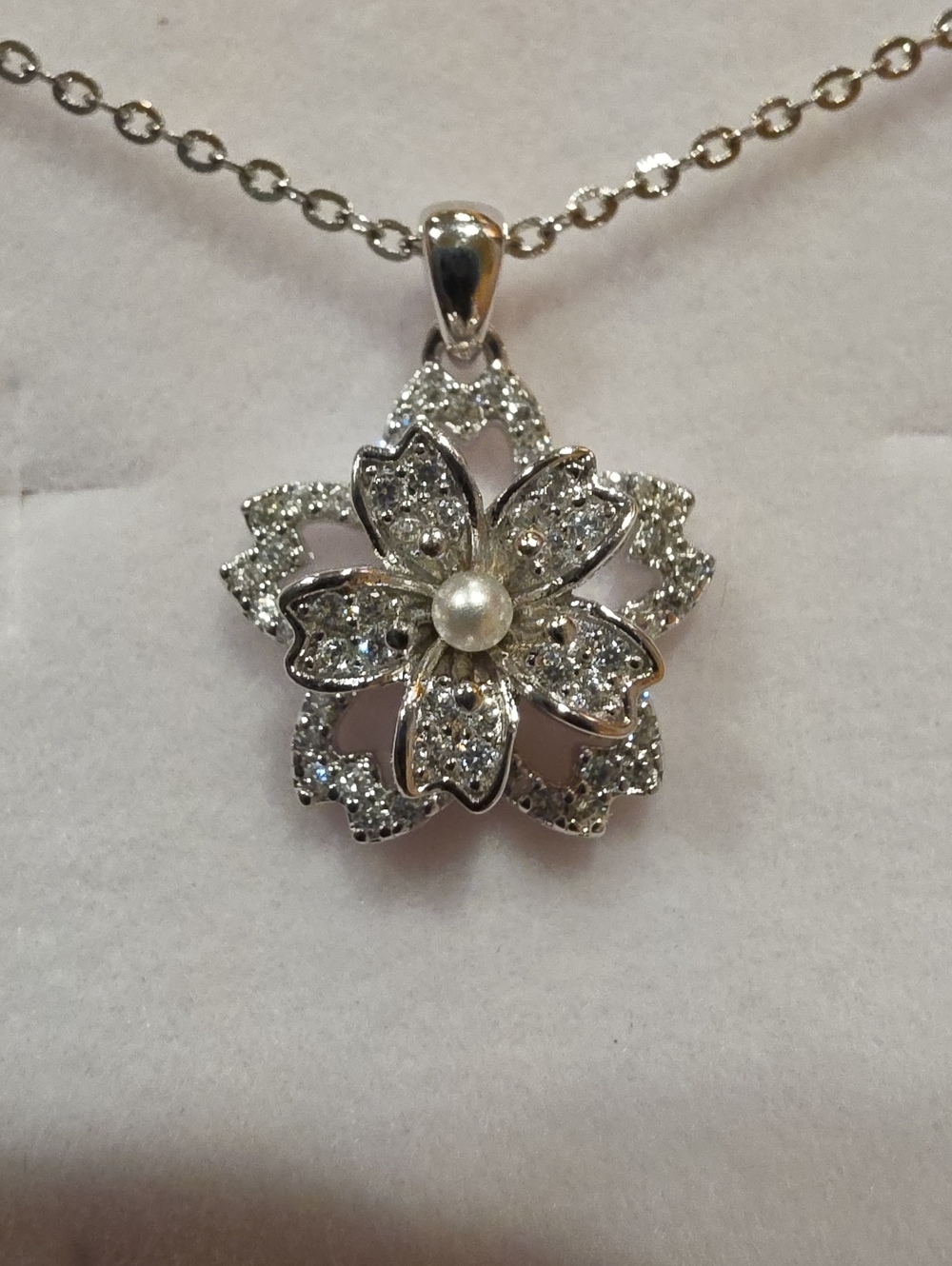 "Spinning" Silver Floral Pearl & Cubic Zirconia Pendant Necklace - Silver